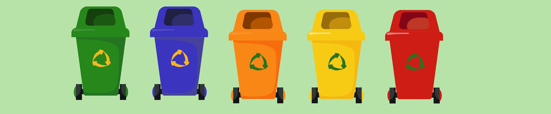 Illustration: five colour-coded recycling bins for sorted waste.
